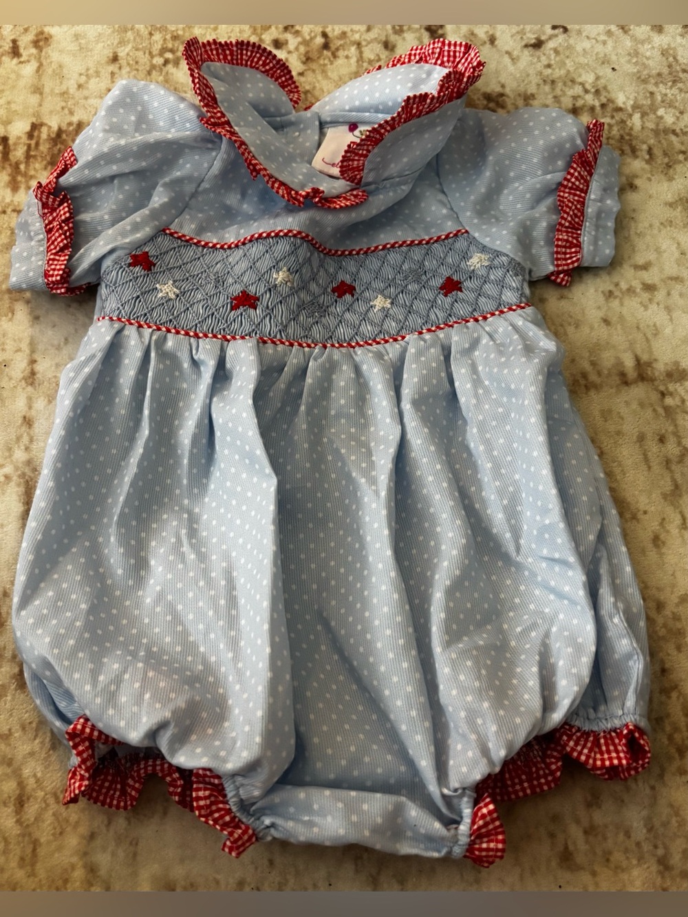 Eliza James Baby Girl Smocked Bubble Romper Patriotic Stars Gingham Trim 3M